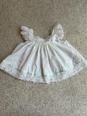 Vintage White Lace Baby Dress Top with Mint Trim